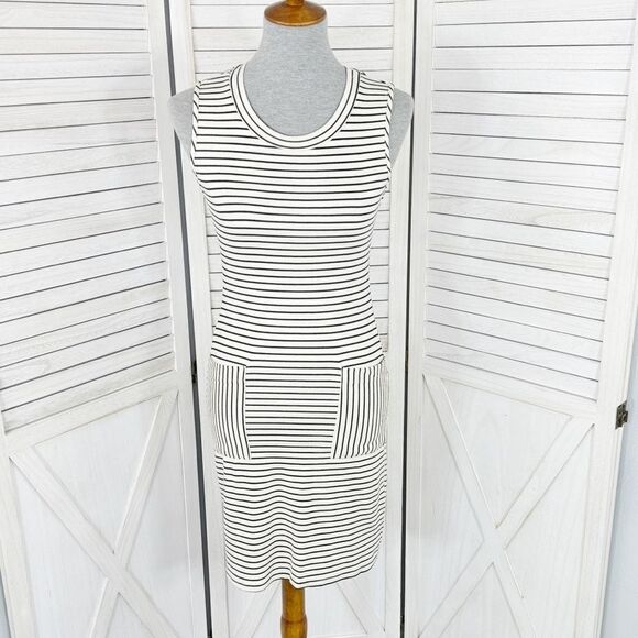 Monteau Striped Sleeveless Sheath Pocket Tee Shirt Dress Cream Black Small - Picture 1 of 12
